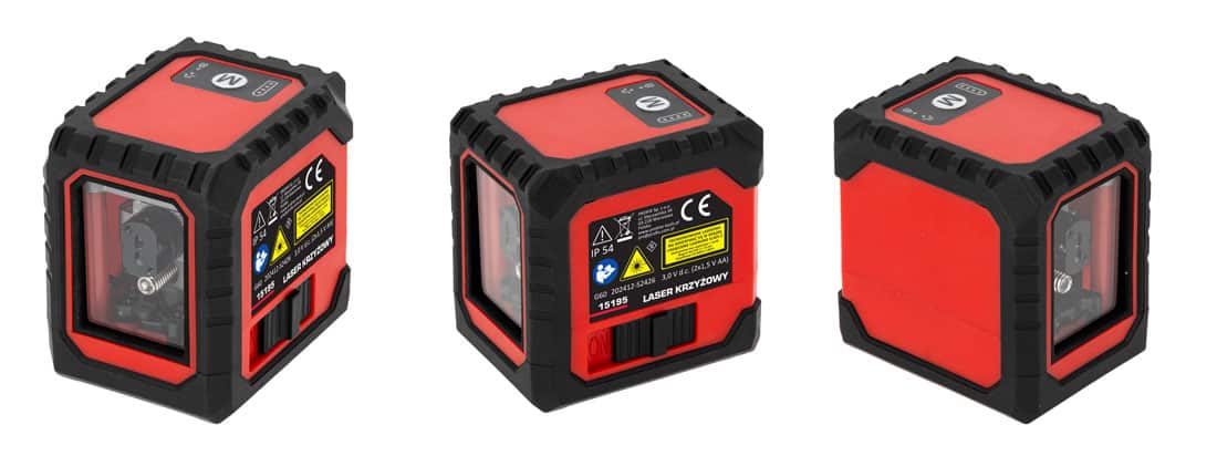 Laser krzyżowy PROLINE 15195 (zielona wiązka) z widocznymi bokami i certyfikatem CE oraz stopniem ochrony IP54.