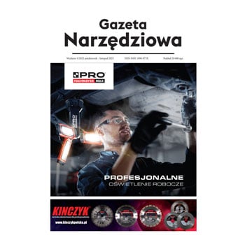 Okładka "Gazety Narzędziowej" wydanie 5/2025, prezentująca oświetlenie robocze PRO FACHMYER MAX i tarcze diamentowe Kinczyk .
