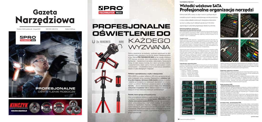 Okładka "Gazety Narzędziowej" wydanie 5/2025 z reklamą oświetlenia roboczego PRO FACHMYER MAX oraz artykuł o wkłakach piankowych SATA do organizacji narzędzi.