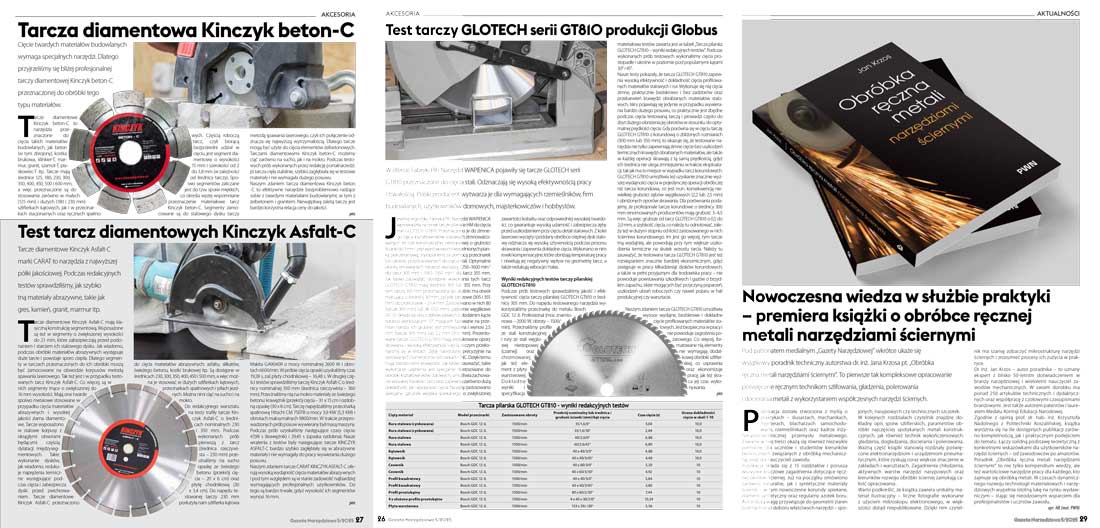 Test tarcz diamentowych Kinczyk Beton-C i Asfalt-C, test tarcz GLOTECH GT810 produkcji Globus oraz okładka książki "Obróbka ręczna metali narzędziami ściernymi"