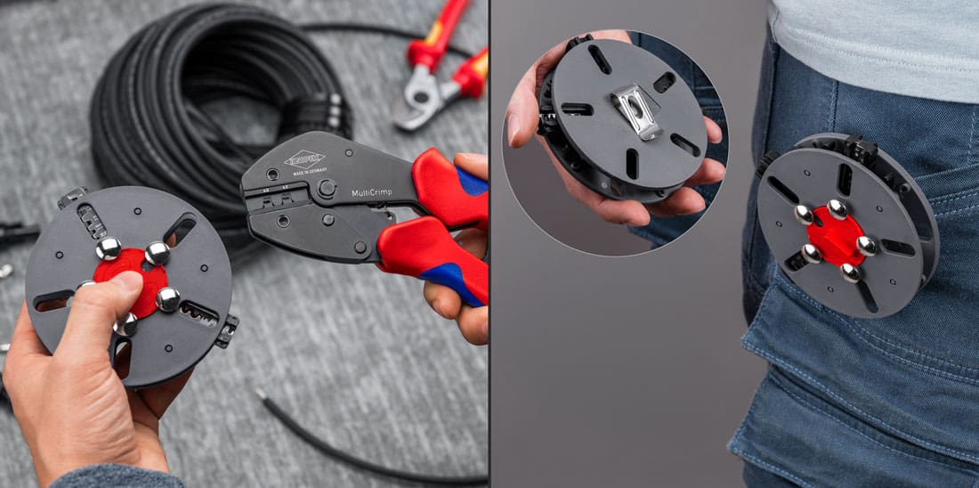 KNIPEX MultiCrimp® PV – szczypce do zagniatania z wpiętym magazynkiem bębnowym z trzema wymiennymi matrycami, widoczne zastosowanie zaczepu do paska.