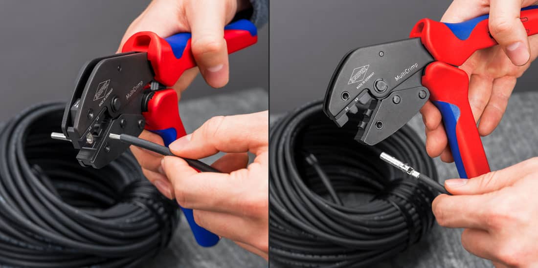 Użycie szczypiec KNIPEX MultiCrimp® PV do zagniatania tulejek kablowych na przewodzie fotowoltaicznym.