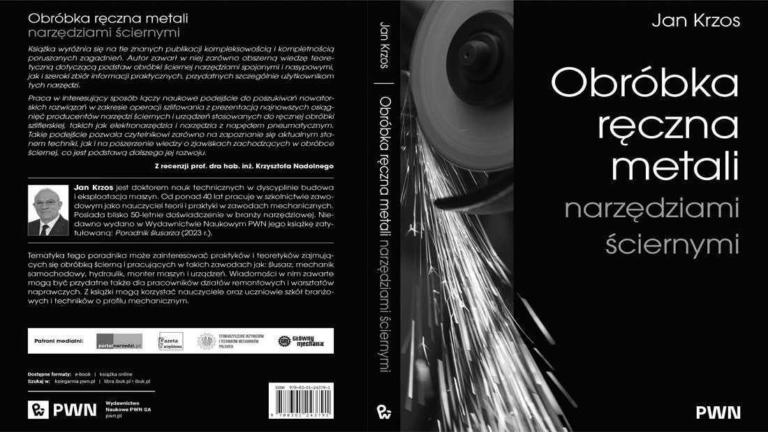 Okładka i tył książki Jana Krzosa Obróbka ręczna metali narzędziami ściernymi z opisem wydawniczym