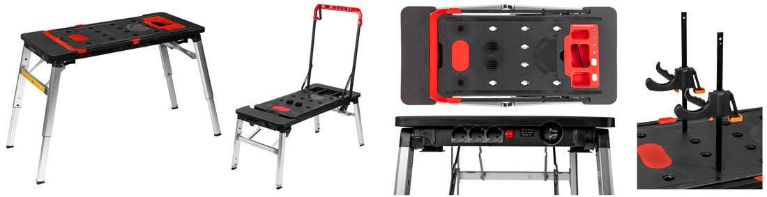 Wielofunkcyjny stół warsztatowy PROLINE 62001 – konfiguracje, gniazda elektryczne i mocowanie ścisków.