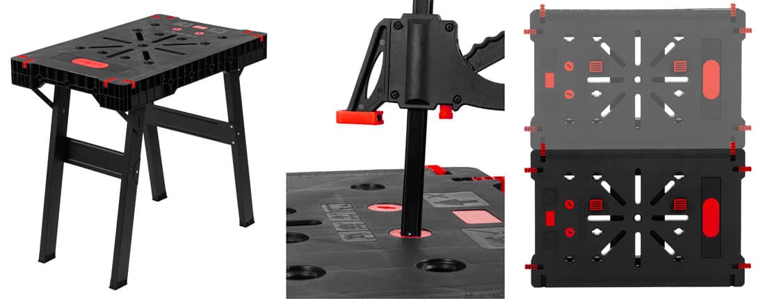 Składany stół warsztatowy PROLINE 62002: stabilny, z otworami na ściski i możliwością łączenia kilku jednostek.