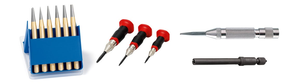 Zestaw narzędzi Rennsteig: klasyczne punktaki, punktaki automatyczne z ergonomiczną rękojeścią oraz wybijak tulejowy.