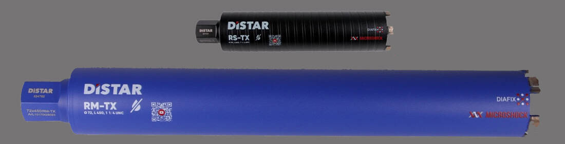 Korony diamentowe Distar RM-TX i RS-TX do wiercenia na sucho w betonie, wykonane w technologii DiaFix z mocowaniem 1 ¼” UNC.