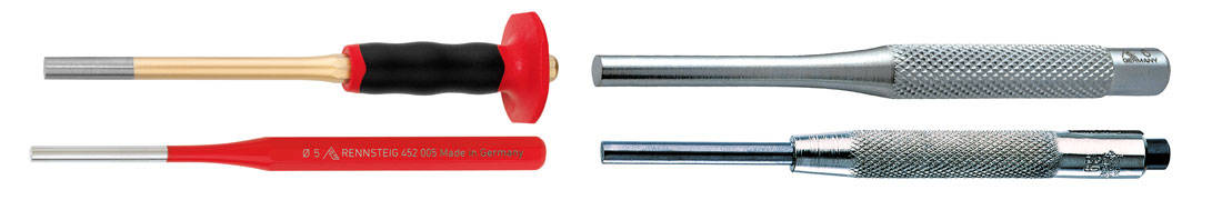 Różne modele wybijaków Rennsteig: z ergonomiczną rękojeścią, radełkowany i klasyczny czerwony.