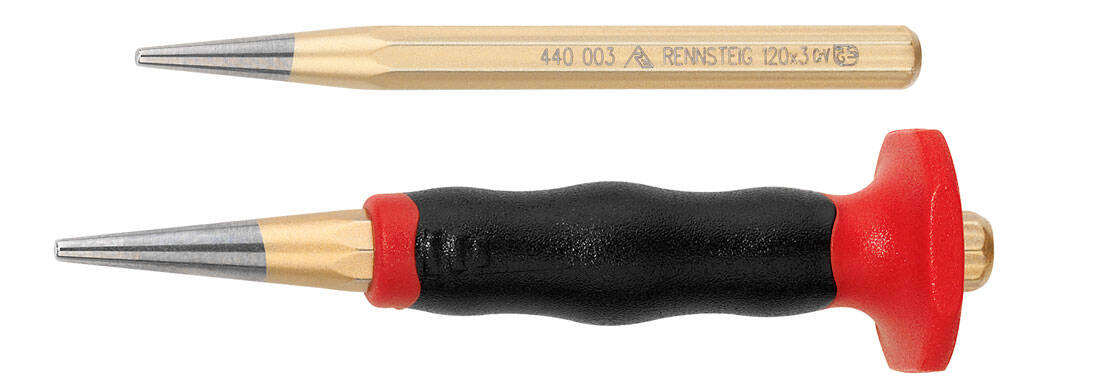 Przebijak Rennsteig: model klasyczny (złocony) i model z dwukomponentową, ergonomiczną rękojeścią.