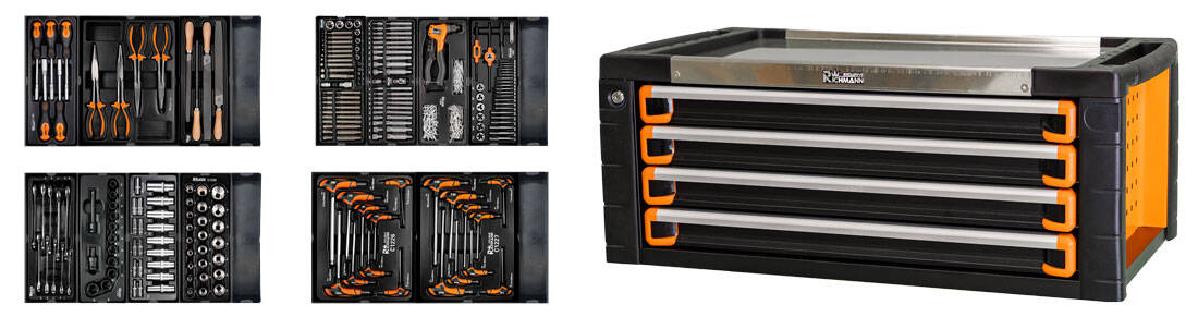 Nadstawka narzędziowa RICHMANN z czterema wkładkami: szczypcami, zestawami bitów i nasadek, kluczami płasko-oczkowymi oraz kluczami imbusowymi TORX.