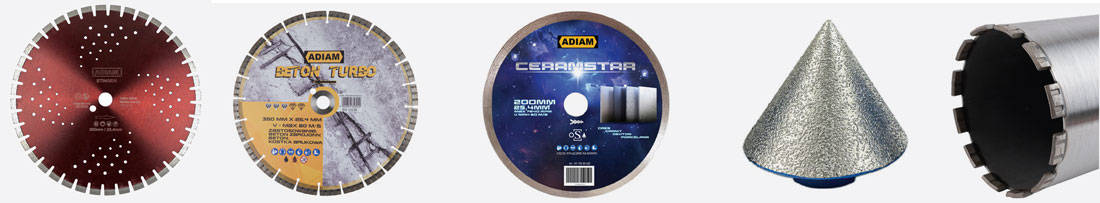 Szeroka gama narzędzi diamentowych Adiam : tarcze tnące (do betonu i ceramiki) , ściernica stożkowa oraz korona diamentowa o dużej średnicy.