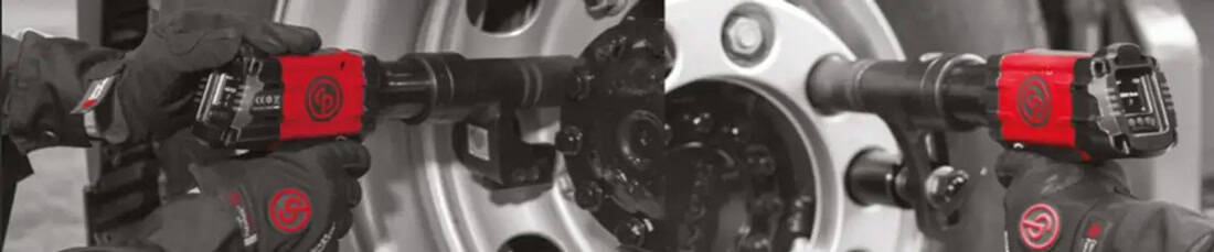 Dokręcanie śrub kół ciężarówki akumulatorowym kluczem dynamometrycznym Chicago Pneumatic CP8613 podczas serwisowania pojazdu