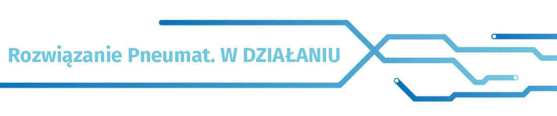 Grafika z napisem ‘Rozwiązanie Pneumat. W działaniu’ z elementami linii technologicznych w odcieniach niebieskiego
