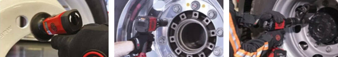 Trzy etapy dokręcania śrub kół pojazdów ciężarowych za pomocą akumulatorowych kluczy Chicago Pneumatic podczas prac serwisowych