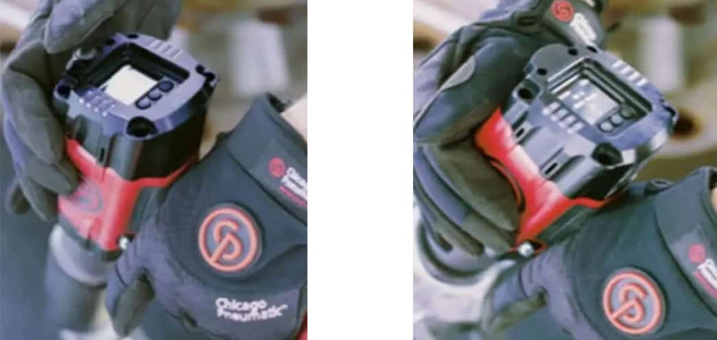 Panel sterowania i wyświetlacz akumulatorowego klucza Chicago Pneumatic CP8613 prezentowane podczas konfiguracji narzędzia w rękach operatora