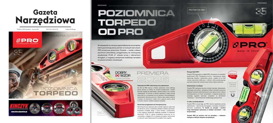 Poziomnica Torpedo PRO z wbudowanym protraktorem 360 stopni – prezentacja produktu w Gazecie Narzędziowej