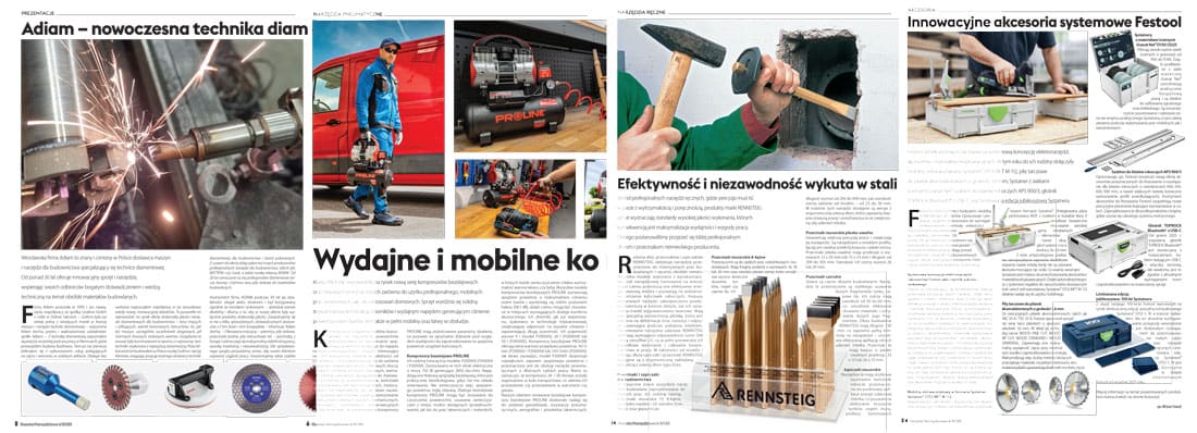 Rozkładówka Gazety Narzędziowej 6/2025 z artykułami o technice diamentowej ADIAM, kompresorach PROLINE, narzędziach ręcznych RENNSTEIG oraz akcesoriach systemowych Festool
