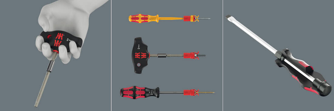 Trzy ujęcia narzędzi Wera: rękojeść poprzeczna 9548 z uchwytem do bitów 1/4” używana do wkręcania; wkrętak z końcówką Take it Easy w akcji; oraz wkrętak do pobijania z końcówką płaską widoczny z boku.