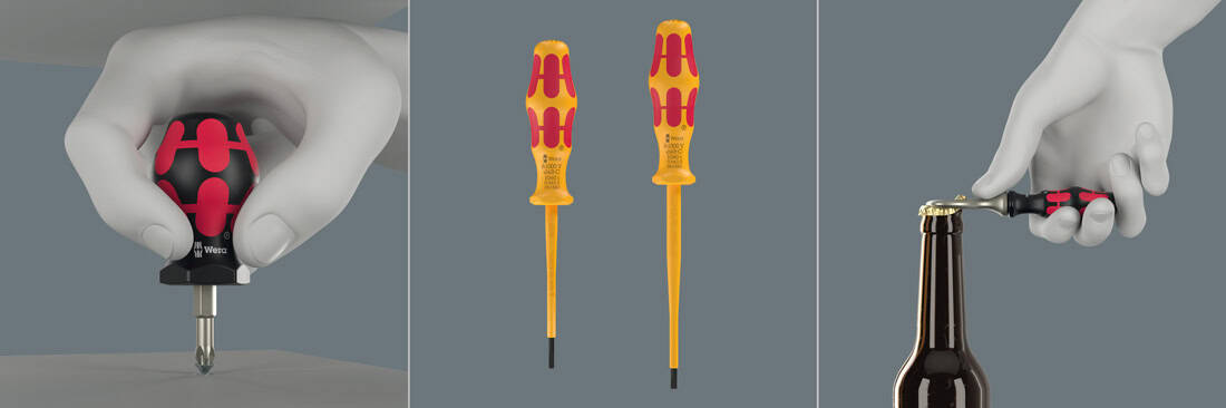 Zbiorczy obraz przedstawiający wkrętaki Stubby , dwa wkrętaki VDE oraz otwieracz do butelek Wera z rękojeścią Kraftform.