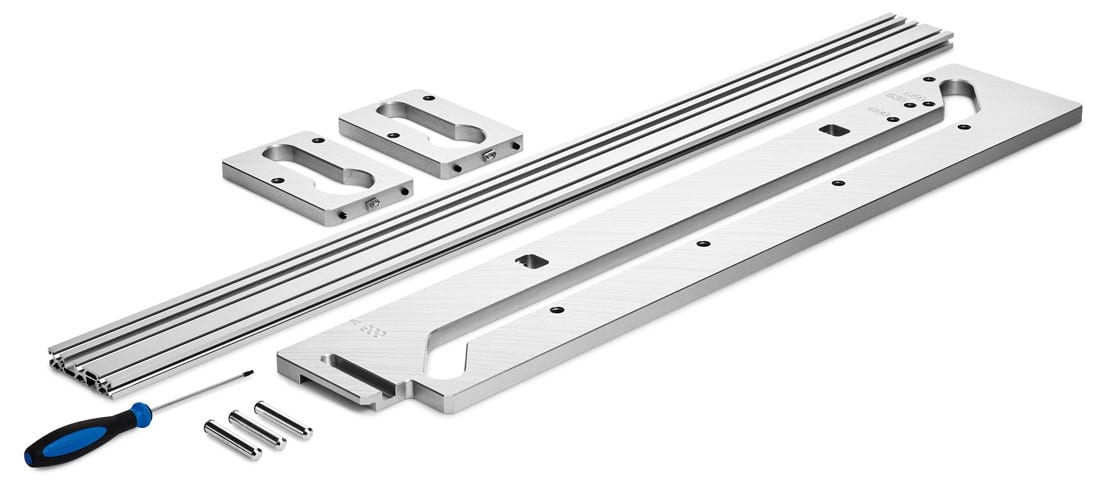 Szablon frezarski Festool APS 900/3 z aluminiowymi profilami i akcesoriami do precyzyjnego frezowania blatów roboczych