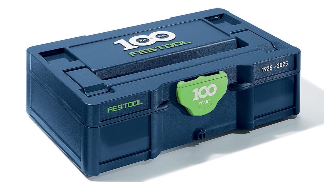 Jubileuszowy Systainer³ Festool 100 lat w niebieskiej edycji limitowanej, przeznaczony do przechowywania narzędzi i akcesoriów