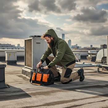 Kurtka robocza NEO TOOLS z kapturem używana podczas prac serwisowych na dachu w chłodnych warunkach pogodowych