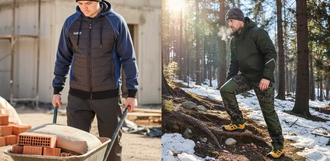 Pracownik fizyczny w ocieplanej kurtce roboczej NEO TOOLS podczas transportu materiałów budowlanych na placu budowy i podczas wycieczki w górach