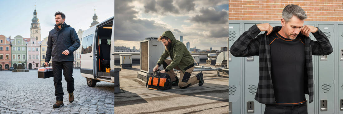 Pracownik w kurtce roboczej NEO TOOLS przygotowujący narzędzia do pracy na dachu w warunkach miejskich