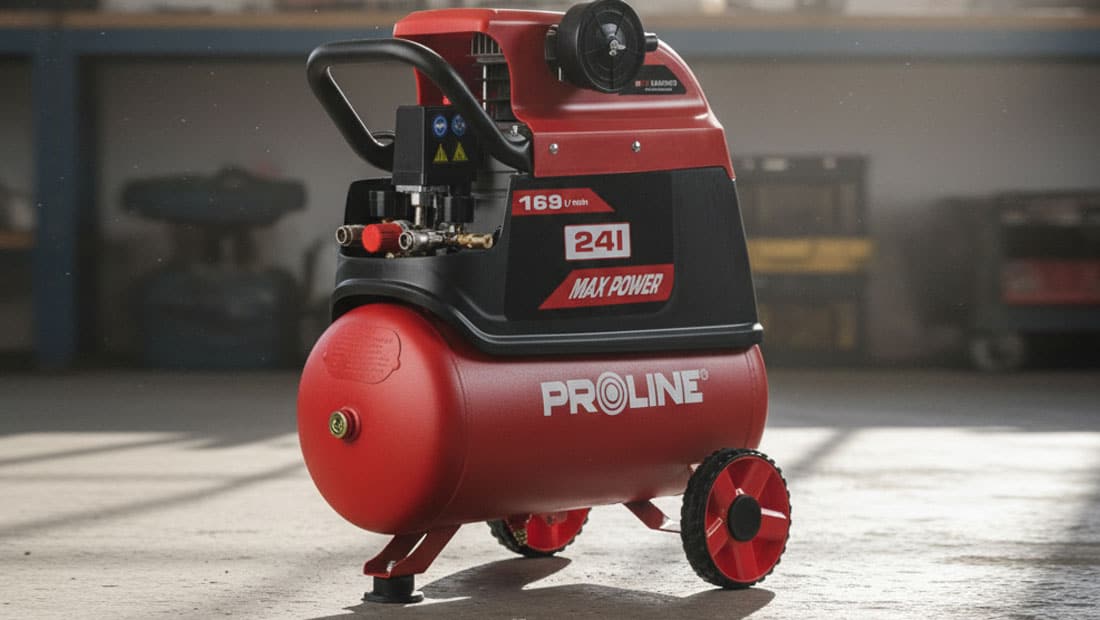 Olejowy kompresor PROLINE P200001 z 24-litrowym zbiornikiem, mobilna sprężarka do prac warsztatowych