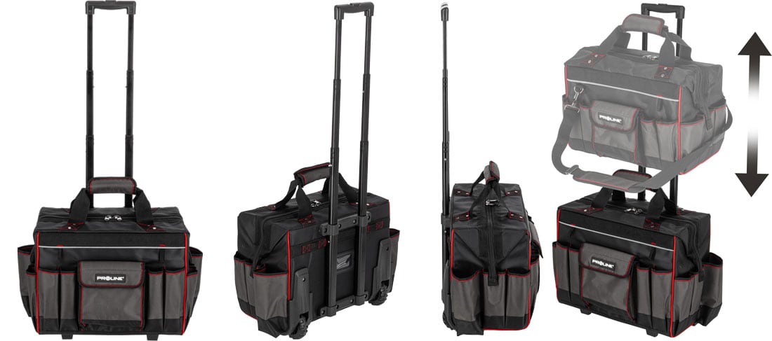 Torba narzędziowa PROLINE 62152 na kółkach z wysuwanym teleskopowym uchwytem – widok z przodu, z boku i z tyłu oraz możliwość łączenia z torbą PROLINE 62153 w zestaw transportowy.