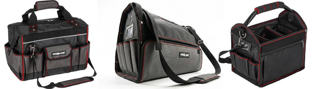 Torby narzędziowe: z regulowanym pasem naramiennym, usztywnioną konstrukcją oraz rozbudowanym systemem kieszeni i przegród.