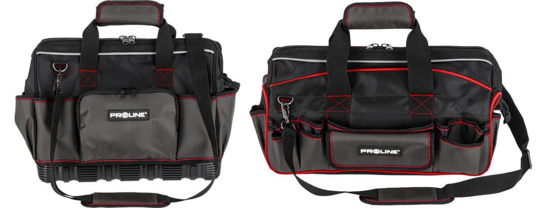 Torba narzędziowa PROLINE 62156 z twardym dnem TPR – widok z przodu i z tyłu, z podwójnym suwakiem, wzmocnioną konstrukcją oraz rozbudowanym systemem kieszeni zewnętrznych.