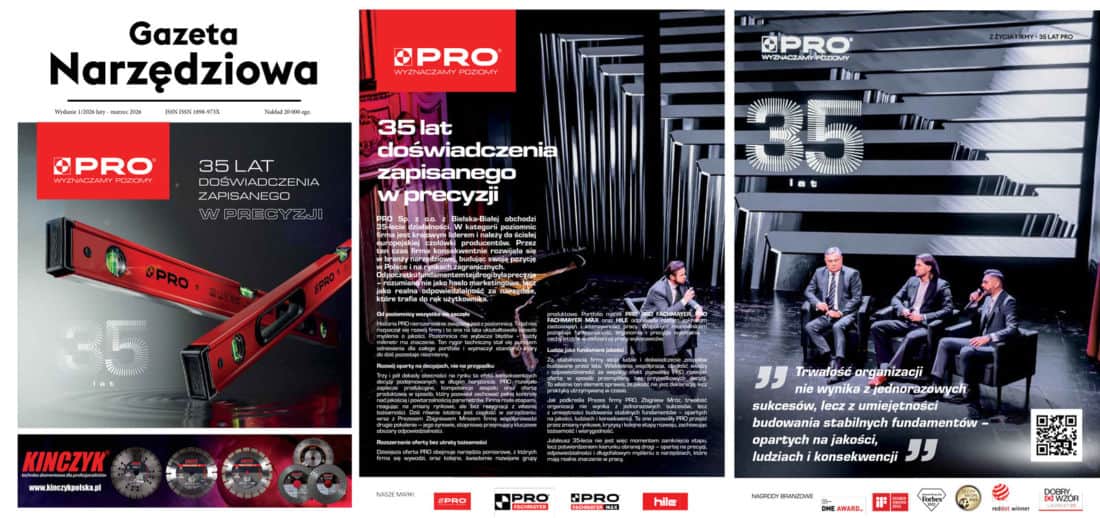 Okładka i rozkładówka Gazety Narzędziowej 1/2026 z jubileuszem 35-lecia marki PRO – poziomice PRO, hasło „35 lat doświadczenia zapisanego w precyzji” oraz panel dyskusyjny z wydarzenia firmowego.