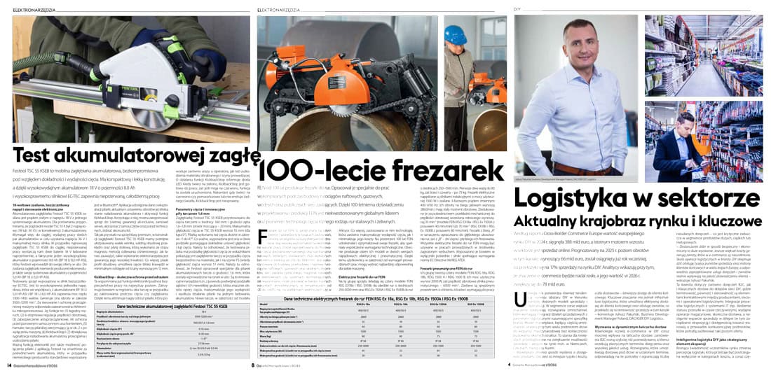 Rozkładówka Gazety Narzędziowej 1/2026: test zagłębiarki akumulatorowej Festool TSC 55 KSEB, materiał o 100-leciu frezarek oraz artykuł o logistyce w sektorze DIY z ilustracjami sklepu i magazynu.