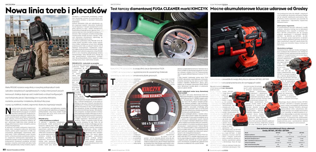 Rozkładówka Gazety Narzędziowej 1/2026: nowa linia toreb i plecaków PROLINE na budowie, test tarczy diamentowej KINCZYK FUGA CLEANER oraz prezentacja akumulatorowych kluczy udarowych Grosley.