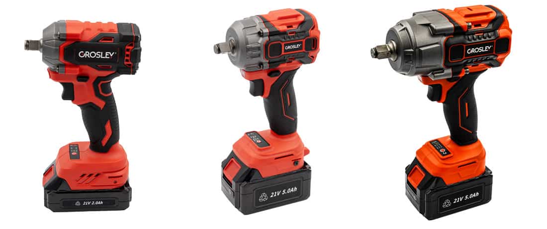 Trzy akumulatorowe klucze udarowe Grosley GR71001, GR71003 i GR71004 21 V z zabierakiem 1/2”, modele o momentach 400 Nm, 800 Nm i 1200 Nm, zdjęcie produktowe na białym tle.