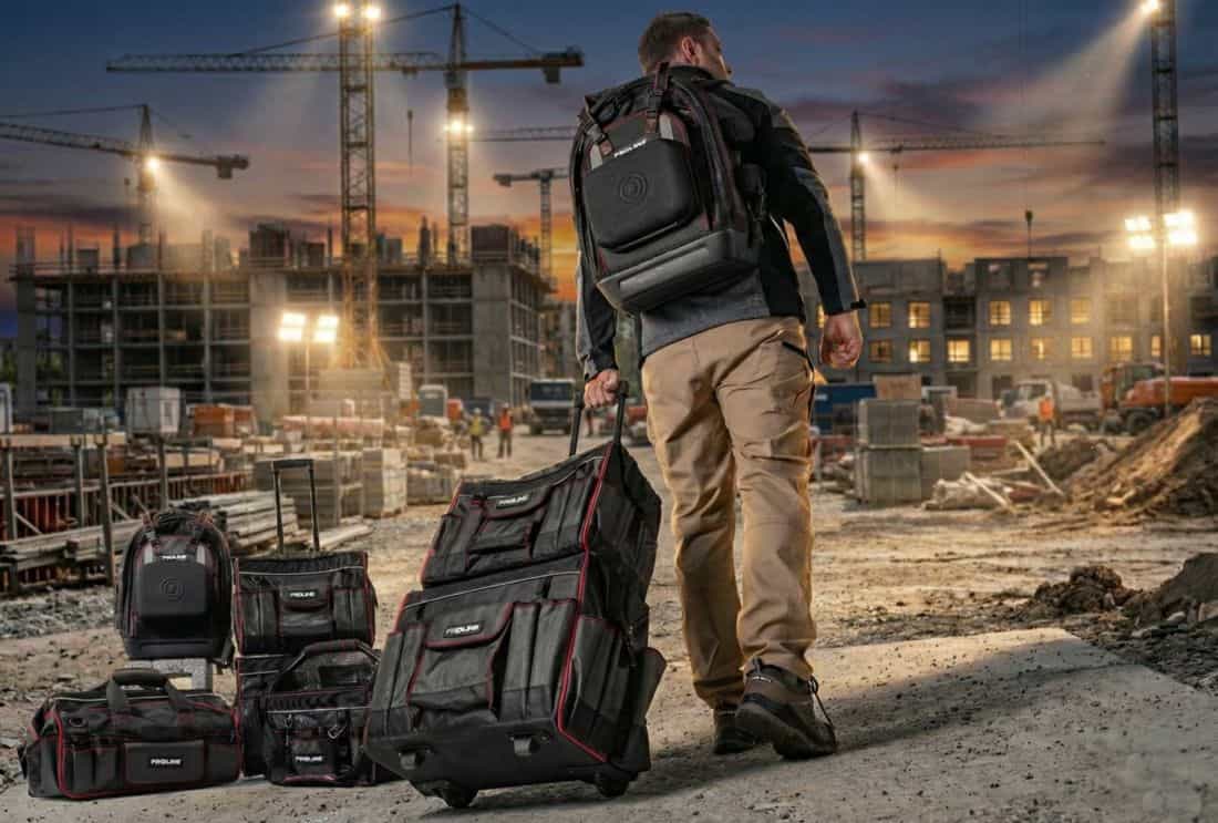 Zestaw toreb i plecaka narzędziowego PROLINE na placu budowy – model na kółkach, torby organizacyjne i plecak noszony przez pracownika na tle dźwigów i wznoszonego budynku o zmierzchu.