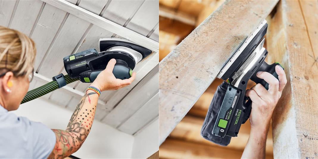 kumulatorowa szlifierka delta Festool DTSC 200 używana do szlifowania drewnianej konstrukcji w trudno dostępnym miejscu dzięki trójkątnej stopie szlifierskiej.