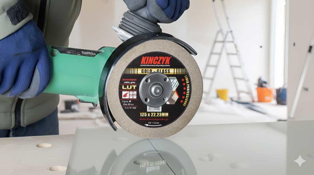 Tarcza diamentowa Kinczyk GOLD GLASS 125 mm z lutowanym próżniowo nasypem diamentowym zamontowana w szlifierce kątowej podczas cięcia szkła.