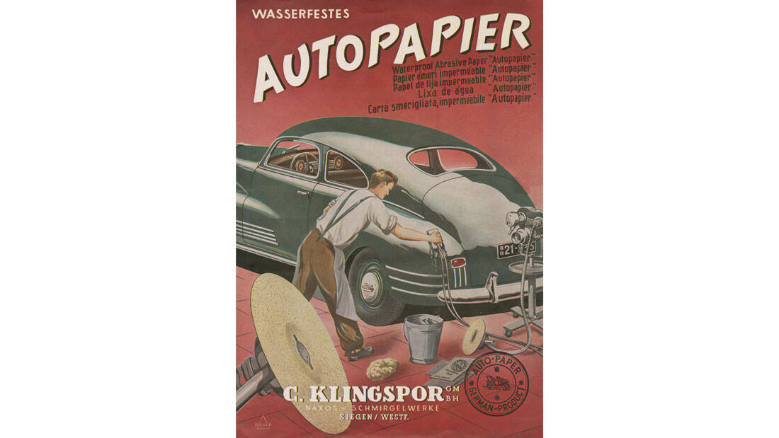 Historyczny plakat Klingspor – wodoodporny papier ścierny do lakiernictwa samochodowego