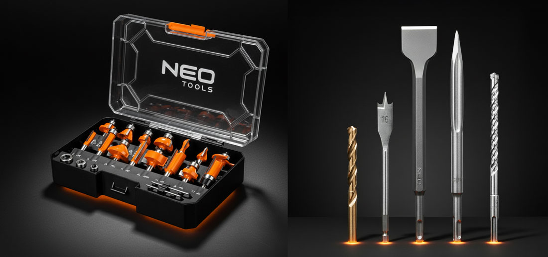 Zestaw akcesoriów do elektronarzędzi NEO TOOLS – frezy w kasecie oraz wiertła i dłuta do drewna, betonu i metalu.