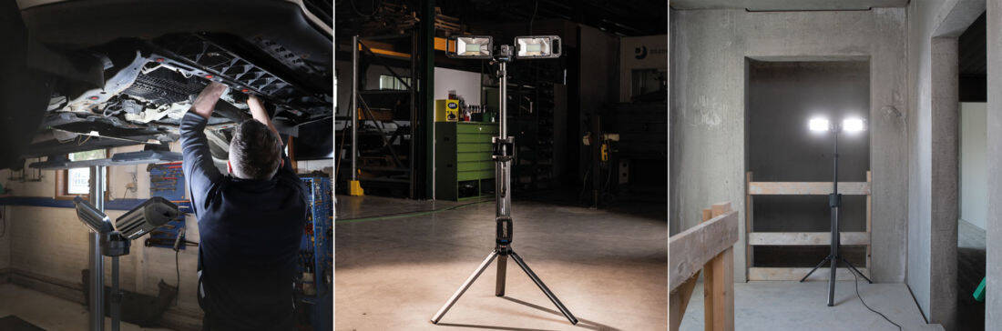 Mobilna lampa robocza SCANGRIP TOWER 8 CONNECT na statywie oświetlająca stanowiska pracy – warsztat samochodowy, hala serwisowa oraz wnętrze budynku w trakcie prac wykończeniowych