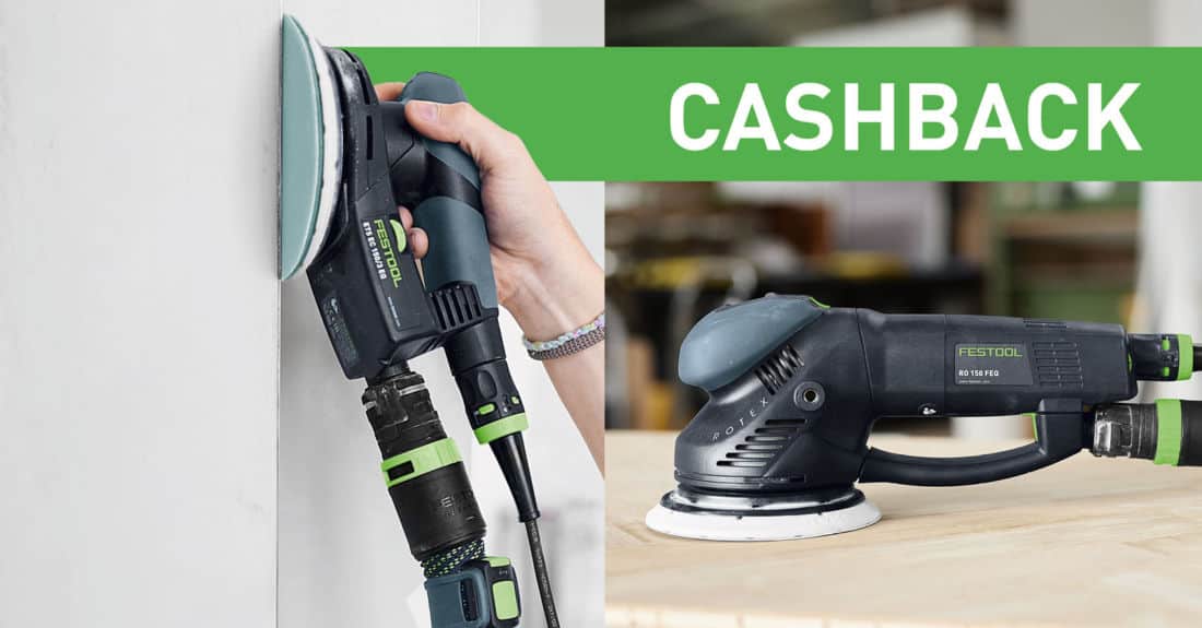 Szlifierki Festool ETS EC 150 i ROTEX RO 150 – grafika promocyjna cashback 450 PLN, zastosowanie w szlifowaniu powierzchni i ujęcie produktowe