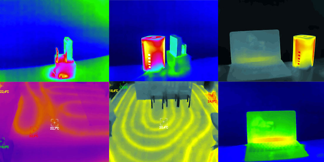 Przykładowe obrazy termiczne z kamery YATO YT-72931 – różne palety kolorów i scenariusze pomiarowe
