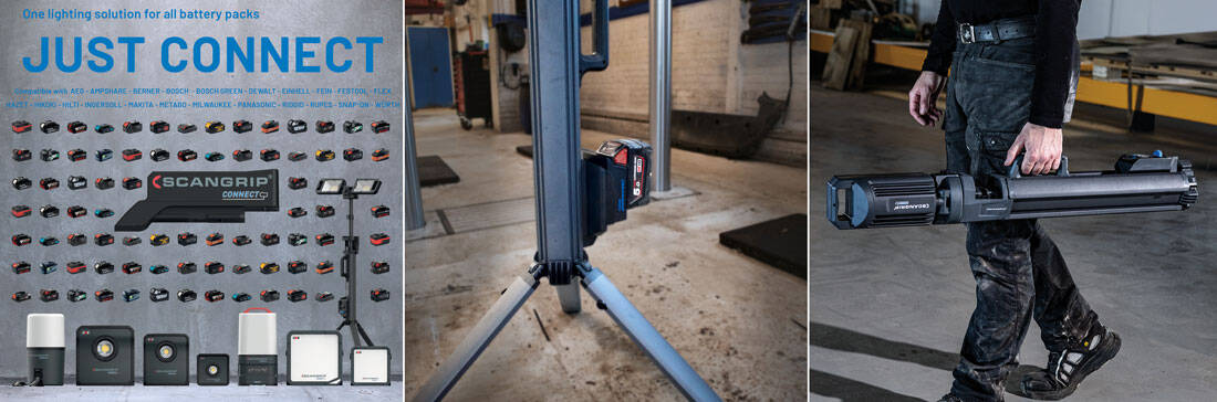 System SCANGRIP CONNECT kompatybilny z akumulatorami wielu marek oraz mobilna lampa TOWER 8 CONNECT w transporcie