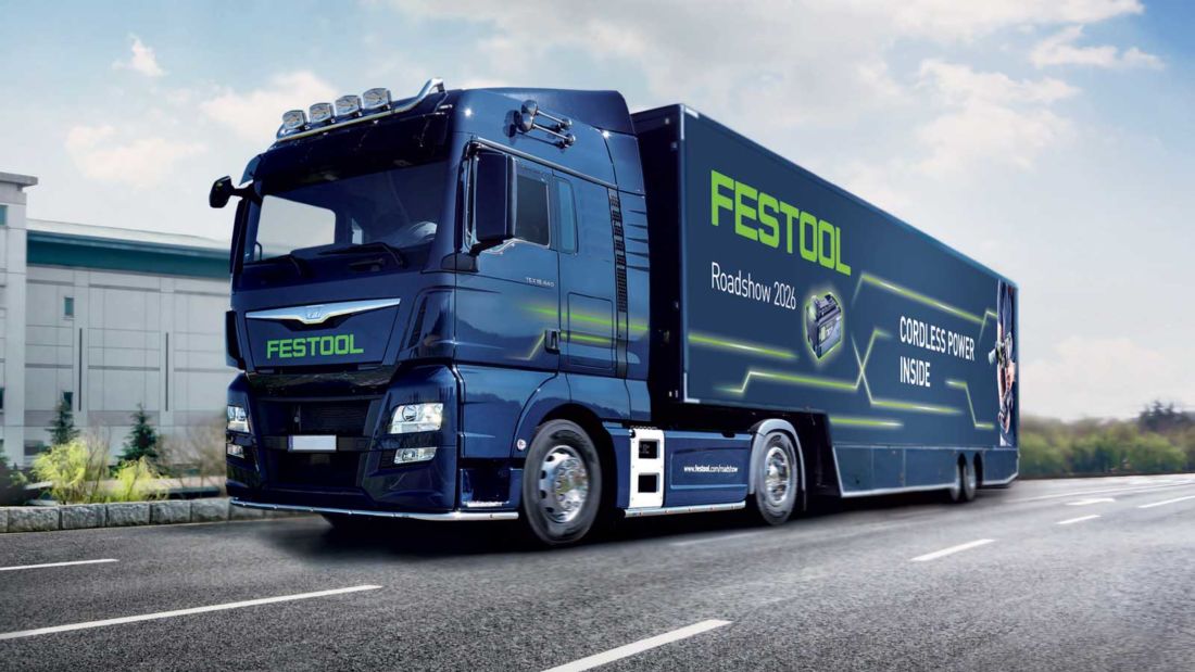 Ciężarówka pokazowa Festool Roadshow 2026 z ekspozycją narzędzi i rozwiązań akumulatorowych
