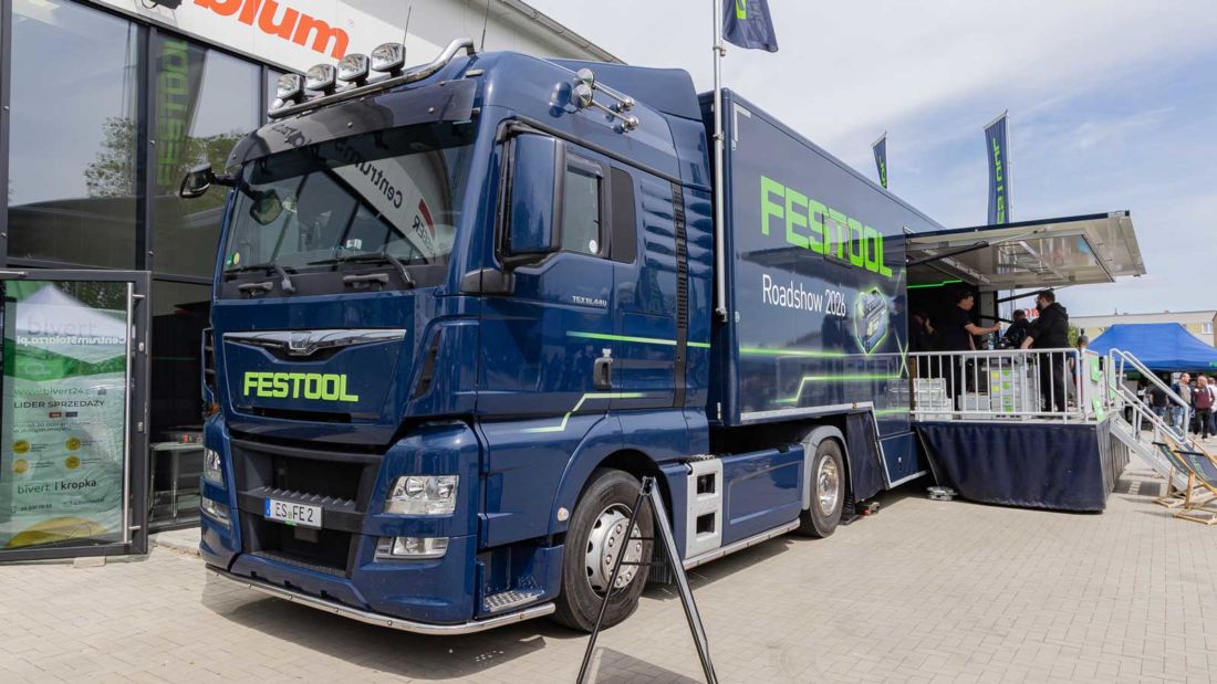 Ciężarówka pokazowa Festool Roadshow 2026 podczas przystanku w firmie Bivert w Lublinie
