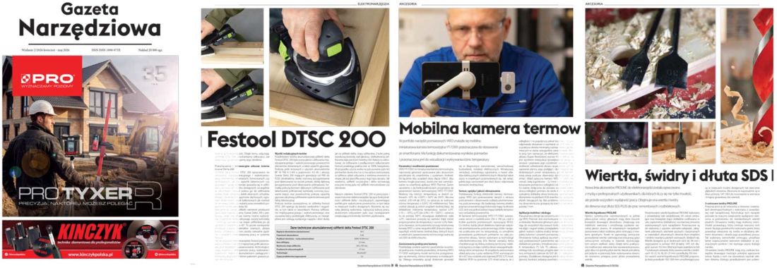 Kolaż promujący „Gazetę Narzędziową” 2/2026 z okładką wydania oraz przykładowymi stronami poświęconymi testowi szlifierki Festool DTSC 200, kamerze termowizyjnej YATO i akcesoriom PROLINE.