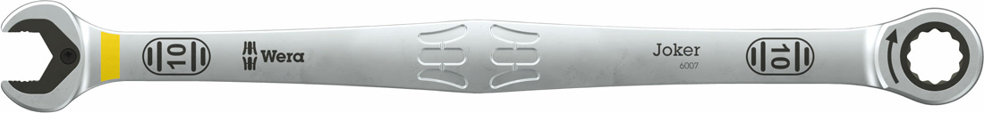 Wydłużony klucz płasko-oczkowy Wera Joker 6007 SB z grzechotką i oznaczeniem rozmiaru 10 mm.