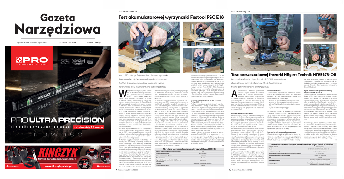 Rozkładówka Gazety Narzędziowej 3/2026 z okładką oraz testami wyrzynarki Festool PSC E 18 i frezarki Högert Technik HT2E275-0R